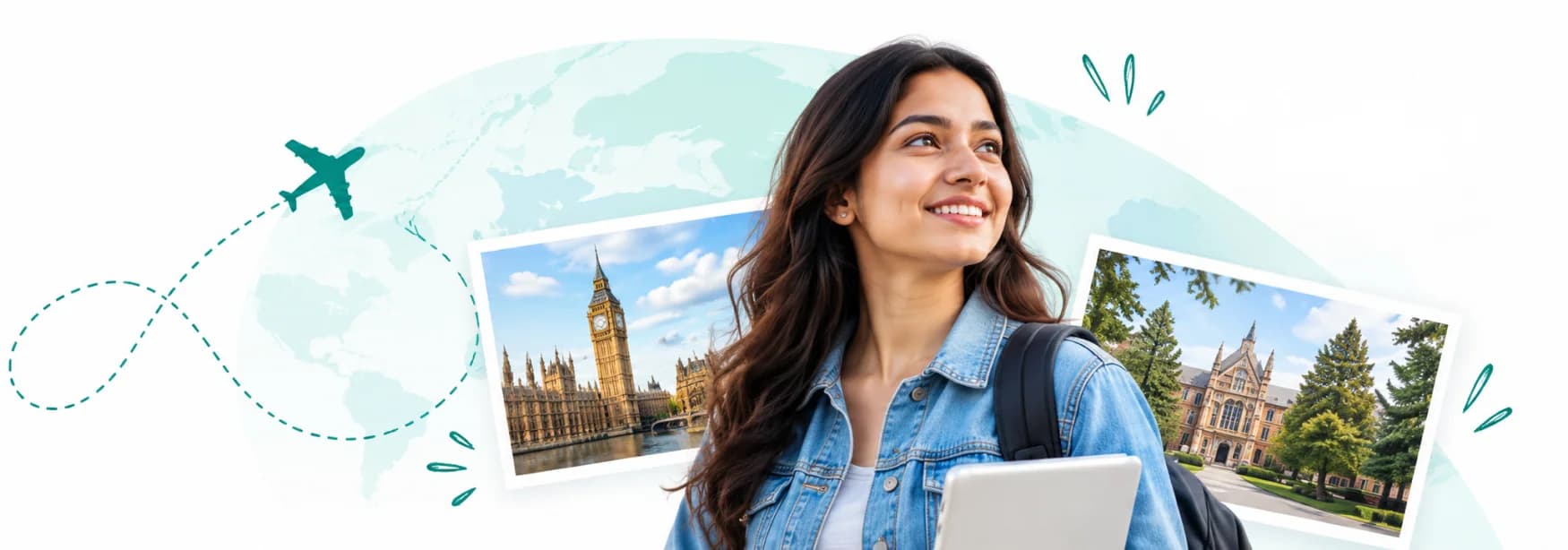 Student with a globe, flight path and university postcards